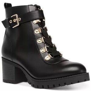 Black Combat Boots Gold Hardware Buckle Strap Size 9 – Chunky Ankle Boots